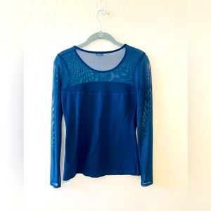 Garage Long Sleeved Navy Top with Sheer Mesh Sleeves and Neckline Medium